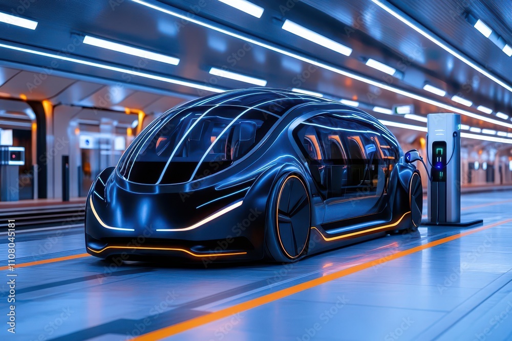 Obraz premium Renewable energy integration with electric mobility focus on, transportation theme, futuristic, Overlay, EV charging station backdrop