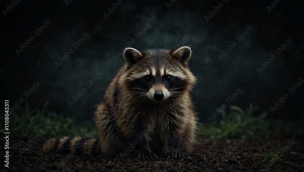 Obraz premium Mysterious raccoon in a dark background.