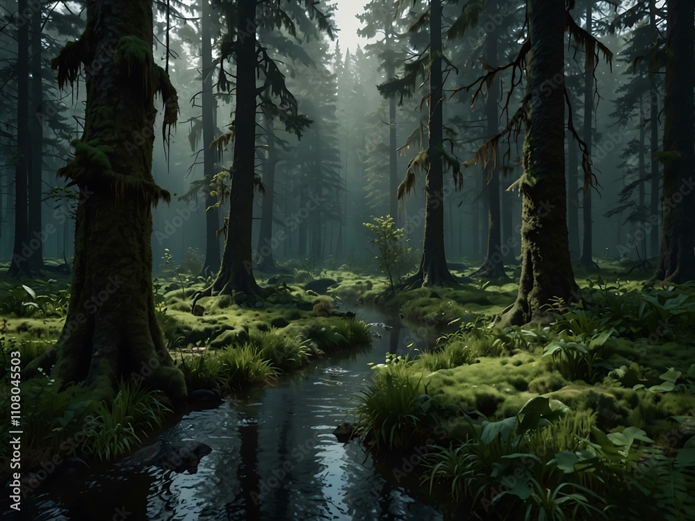 Fototapeta premium Mysterious swampland with a forest landscape in TTRPG design.