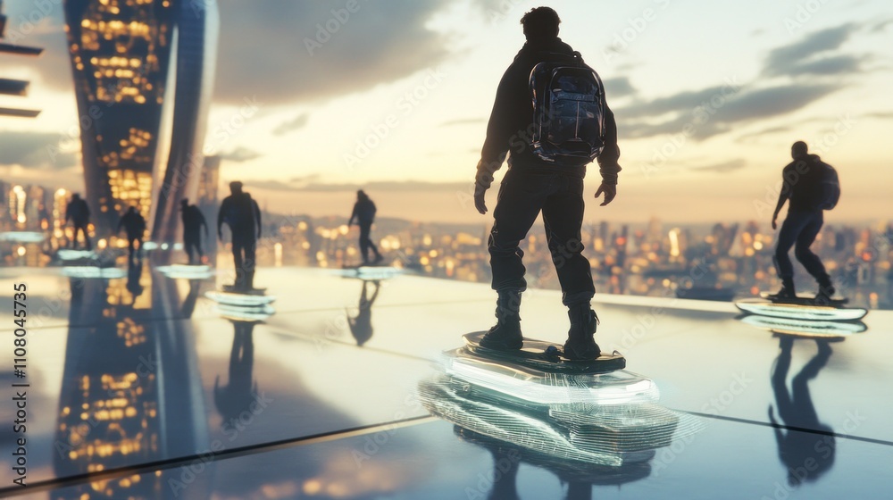 Obraz premium Futuristic Cityscapes Individuals Riding Hoverboards