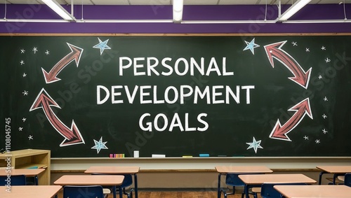 Personal development goals written on a classroom blackboard with arrows and stars