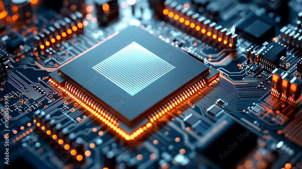Detailed close-up of a microprocessor on a circuit board showcasing intricate electronic components and glowing connections