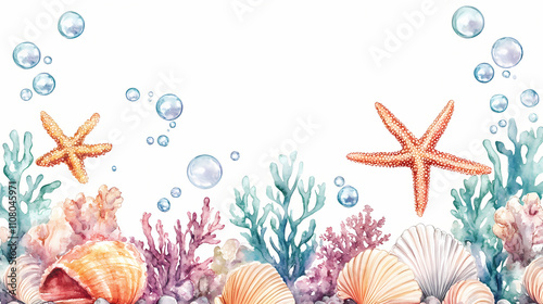 Seamless border of bubbles, shells, corals and starfish. watercolor illustration on an isolated background. sea pearls. at the bottom of the ocean. Aquatic. Illustration photo