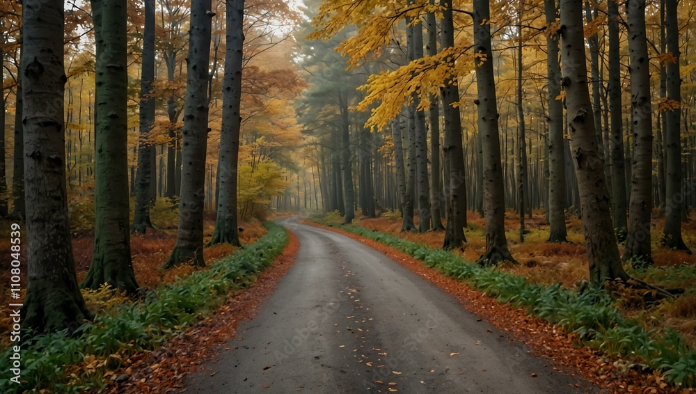 Fototapeta premium Narrow road through an autumn forest.