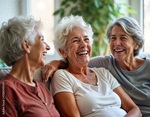 Three senior women laughing, enjoying company in living room. Relaxed, happy, showing joy, affection. Scene of contentment, connection. Comfortable, safe within home. Image evokes feeling of photo