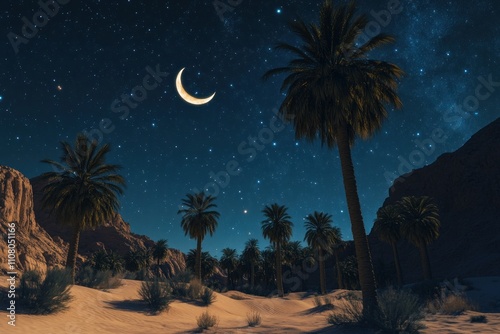 Serene Desert Landscape at Night with Palm Trees Under a Starry Sky and a Crescent Moon Illuminating the Tranquil Scene
