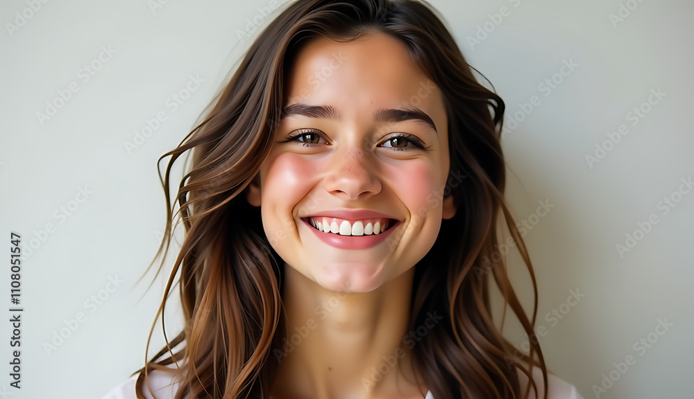 Naklejka premium A young woman with wavy hair and a bright smile conveys happiness and confidence in this uplifting and emotive digital artwork._00002_