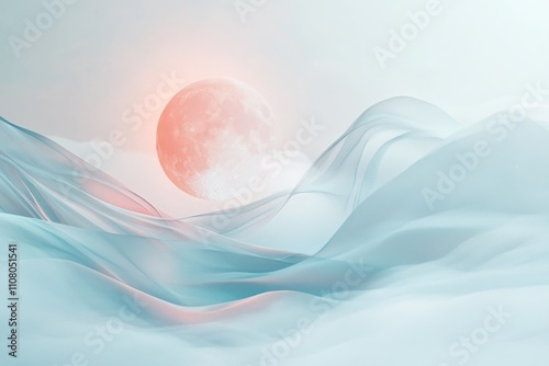 Ethereal Landscape with Dreamy Pastel Hues and a Large Moon Illuminating Soft Waves of Mist and Misty Peaks in a Serene Atmosphere