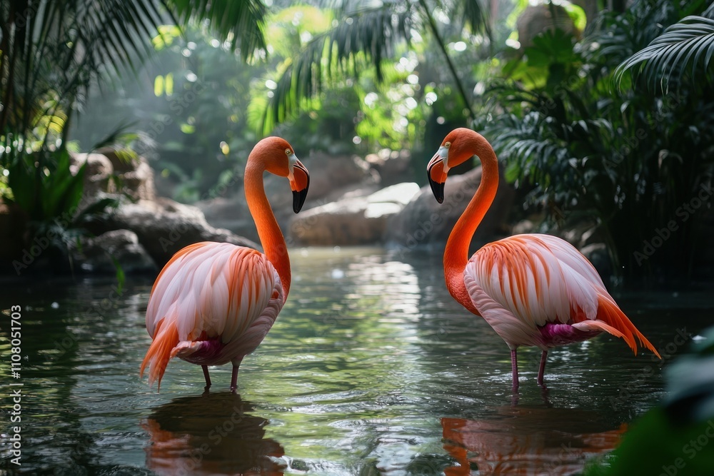 Fototapeta premium Stunning Vibrant Flamingos Standing Gracefully in Tranquil Tropical Lagoon Surrounded by Lush Greenery and Soft Natural Light