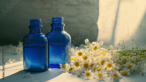 Aromatherapy essential oil in blue grass bottles with fresh chamomile flowers on a table photo