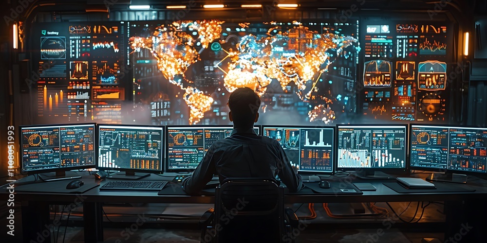 A person monitors global data on multiple screens in a tech hub. A person monitors global data on multiple screens in a tech hub.