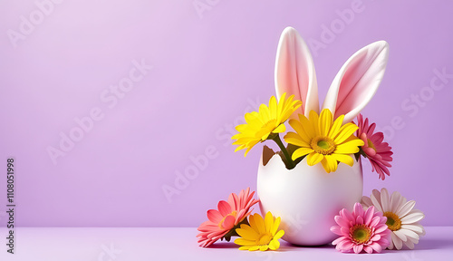 Colorful chrysanthemums and bunny ears peek out from behind a cracked egg on a soft lilac background, ideal for Easter messages and ads._00001_ photo