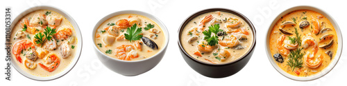 Seafood cream soup in a bowl isolated on transparent background, Set of