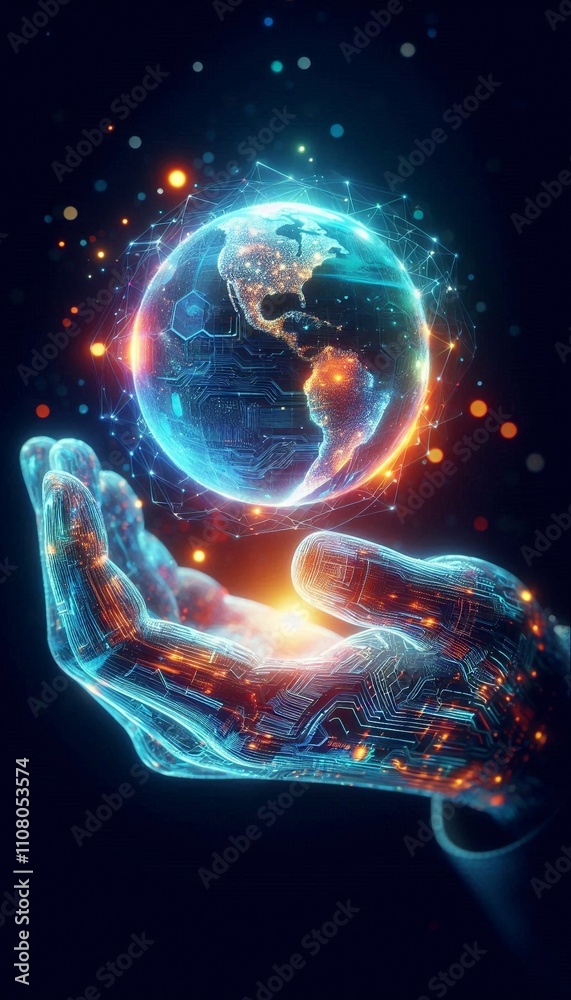 Fototapeta premium Glowing Digital Hand Holding Illuminated Globe, Symbolizing Global Technology, Innovation, and Data Control in a Futuristic Environment