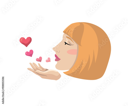 A kiss. The girl blows a kiss in the shape of hearts. A female profile and an open palm. Illustration for Valentine's Day