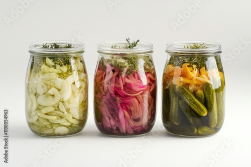 Three glass jars of pickled vegetables garlic, red onion, and pickles.  Fresh herbs garnish each jar.