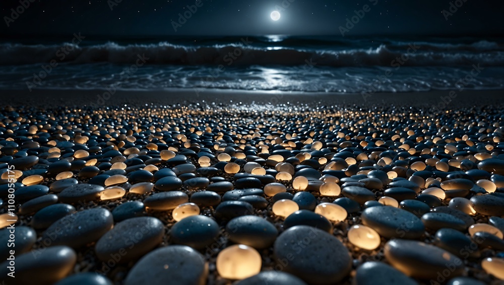 Fototapeta premium Night beach with moonlit glass pebbles.