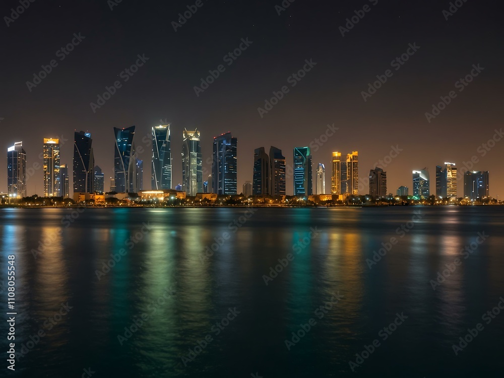 Fototapeta premium Night panorama of West Bay from the Gulf in Doha, Qatar.