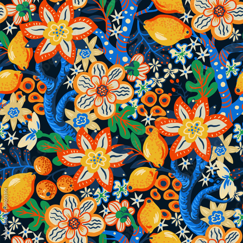 Seamless pattern with vivid simple flowers and lemons. Vector.
