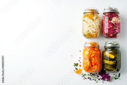 Four glass jars of assorted pickled vegetables on white background. photo