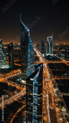 Night view of Riyadh’s business district with illuminated skyscrapers.