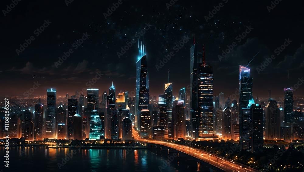 Obraz premium Nighttime cityscape with glowing lights.