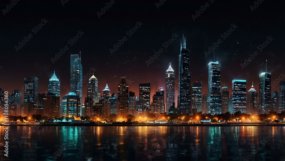 Obraz premium Nighttime cityscape with glowing lights.