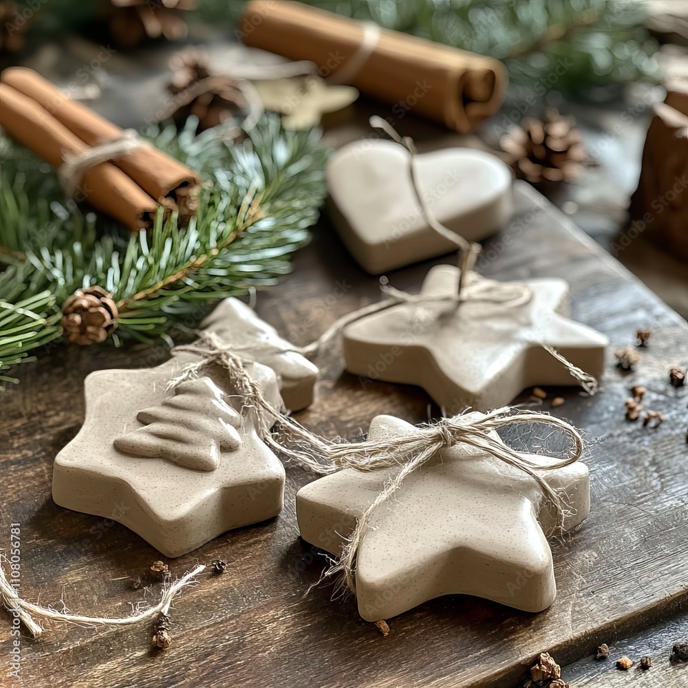 Handmade Clay Ornaments with Twine on a Wooden Table Sustainable winter Holiday Decorations ,Winter seasson, Happy New Year, Happy christmass Handmade Clay Ornaments with Twine on a Wooden Table Sustainable winter Holiday Decorations ,Winter seasson, Happy New Year, Happy christmass