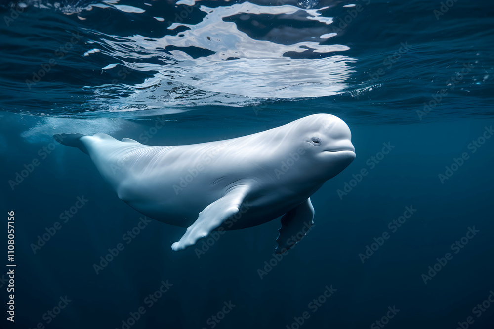 Naklejka premium Beluga whale swims gracefully, smooth white body contrasts deep blue ocean waters
