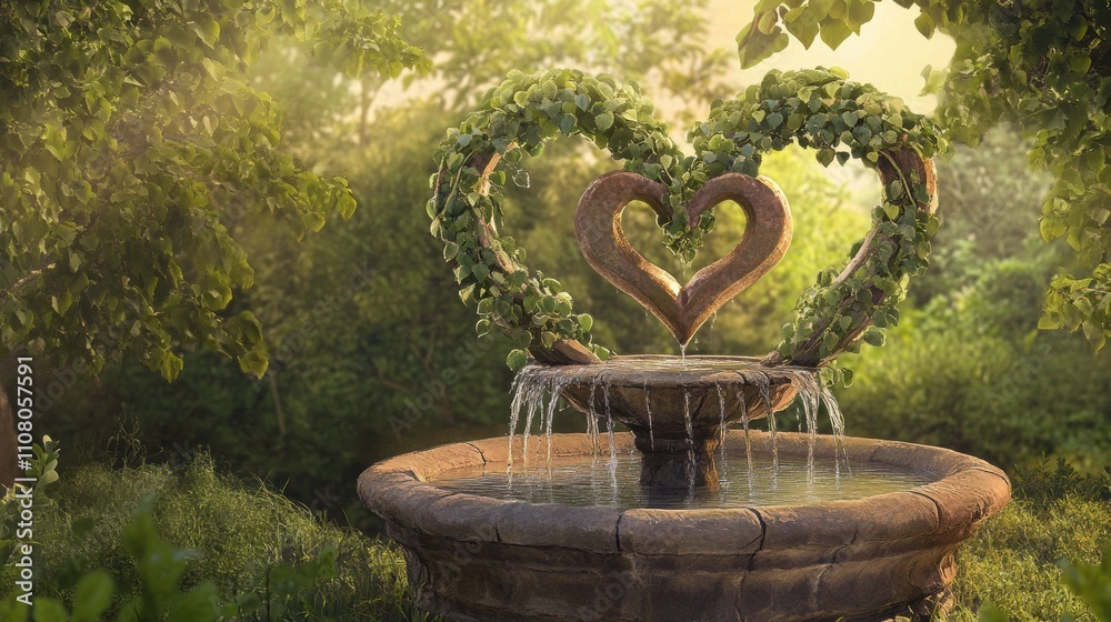 Naklejka premium Heart-shaped ivy vines intertwined around a rustic stone fountain, gently trickling water, surrounded by lush greenery and dappled sunlight in a serene garden setting.