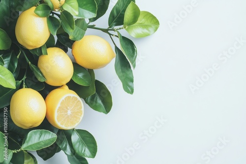 Ripe lemons on branch with leaves, isolated on white background.
