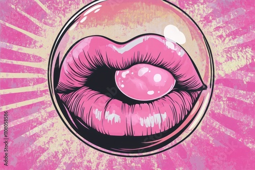 Pink Lips Enclosing A Bubblegum In A Bubble