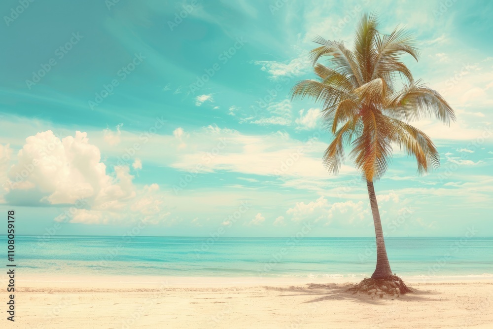 Obraz premium Tropical beach with palm tree blue sky white clouds. Vintage style.