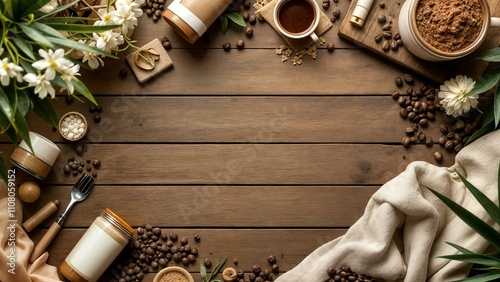 A top view of a coffee-themed skincare product on a wooden table. In the center is a large jar of scrub, next to it a cup of coffee. Earthy background.
