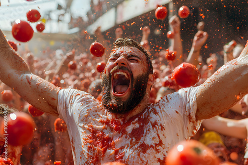 Ecstatic man at the La Tomatina festival, surrounded by flying tomatoes and a lively crowd, capturing the excitement and energy of the world-famous Spanish tomato fight photo