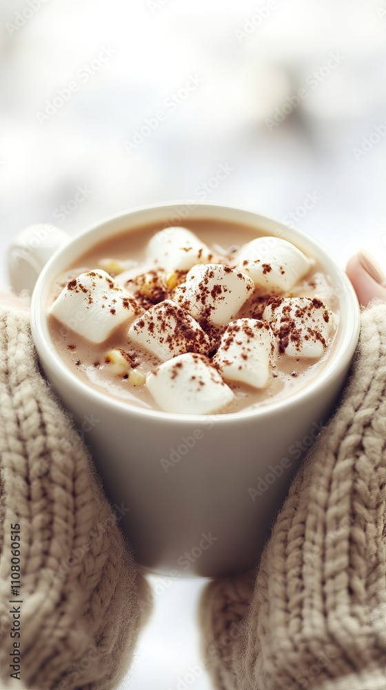 Hands Holding a Cup of Hot Chocolate with Marshmallows Winter Wellness & Self Care ,Winter seasson, Happy New Year, Happy christmass 