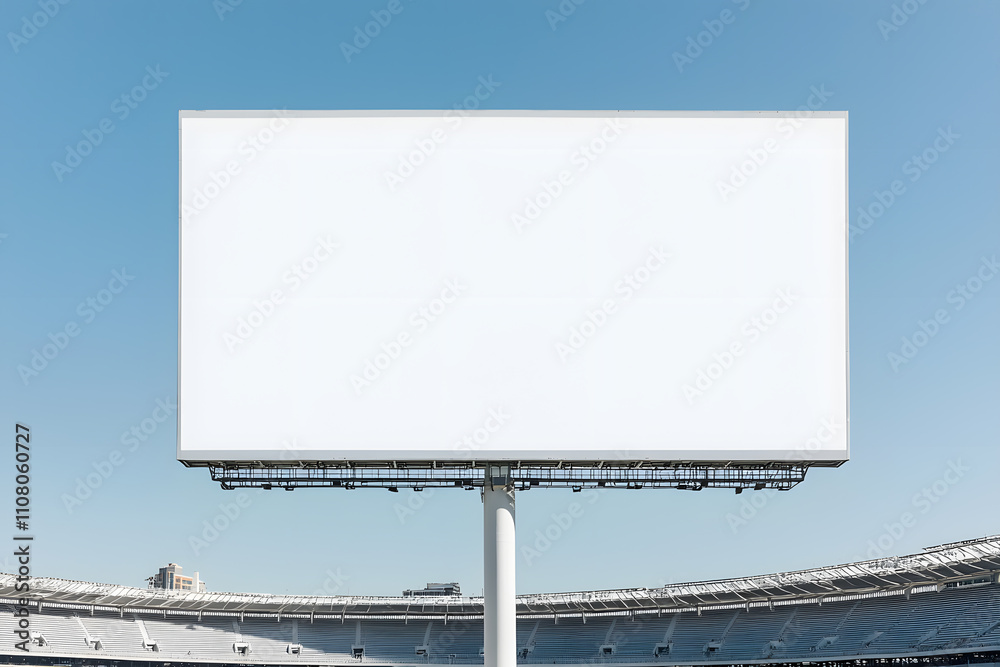 Obraz premium Empty billboard outside a stadium, ideal for sports promotions, offering a prime advertising space with the stadium’s grand structure in the background, ready for upcoming events