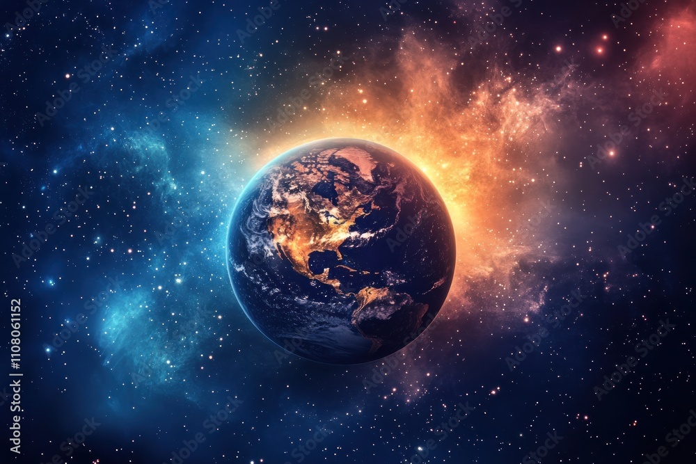 Fototapeta premium Earth Illuminated In Cosmic Nebula Space