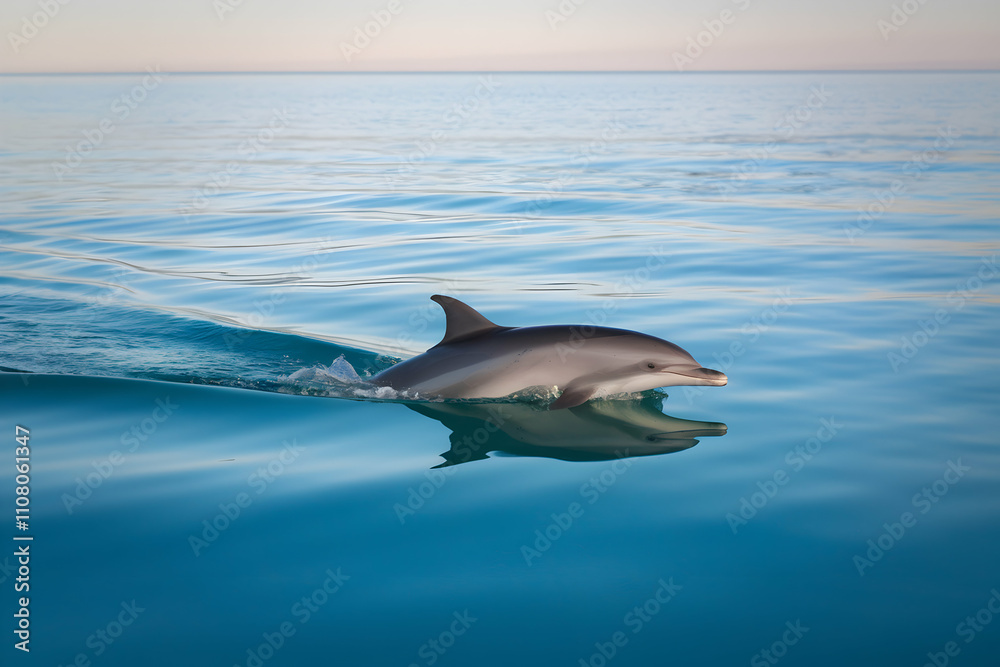 Fototapeta premium Dolphin glides through calm waters, ripples reflecting sleek body against open horizon
