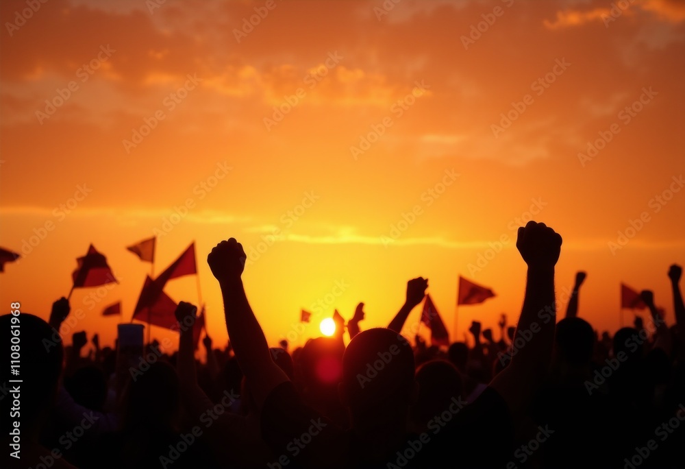 Fototapeta premium A crowd of people at sunset rejoices with their hands up