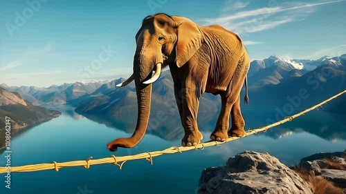 A happy elephant walking on a tightrope high in the mountains