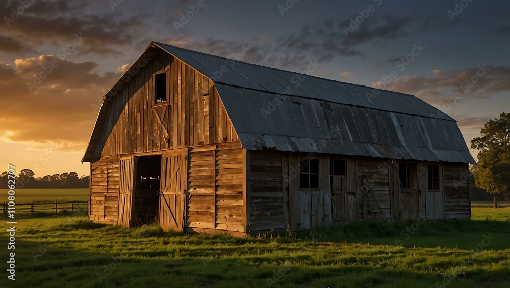Old farm sheds illuminated by evening light. Old farm sheds illuminated by evening light.