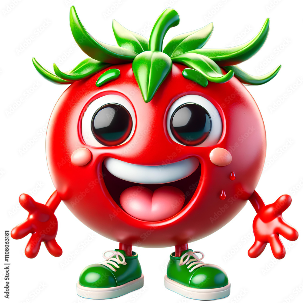 Fototapeta premium A cheerful tomato character with big eyes, green shoes, and a wide smile, radiating happiness.