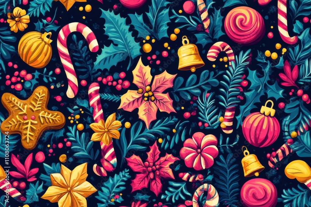 Fototapeta premium Christmas composition with red bells, lollipops, ginger peppers, spruce, cones, berries and poonsete on a dark green background.
