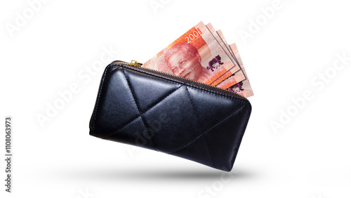 200 South African Rand  money currency notes inside a black purse isolated on a white background
