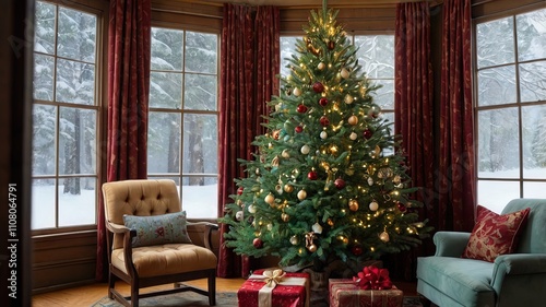 Christmas tree, cozy room,, snow, Christmas color, Forest green, burgundy, light blue, tan