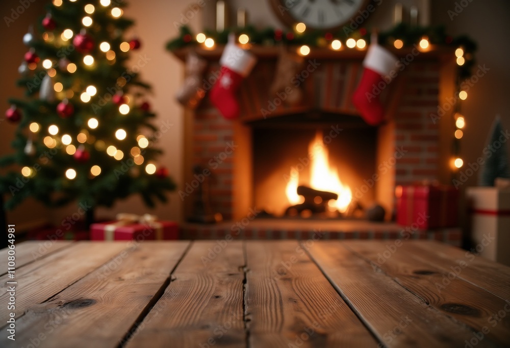 New Year's entourage with a Christmas tree and a fireplace New Year's entourage with a Christmas tree and a fireplace