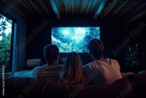 A family enjoying a cinematic experience in a home theater with state-of-the-art audiovisual equipment, symbolizing entertainment and cinematic immersion, Home theater scene photo