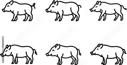 Six wild boar illustrations, depicted in a simple, illustrative style, suitable for various design applications