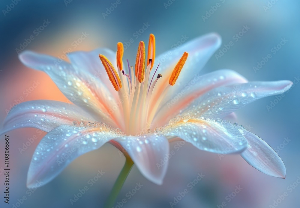 Fototapeta premium Beautiful Close-Up of a Delicate Lily Flower with Soft Focus and Dew Drops on Petals, Creating a Dreamy, Serene Atmosphere in Nature's Palette
